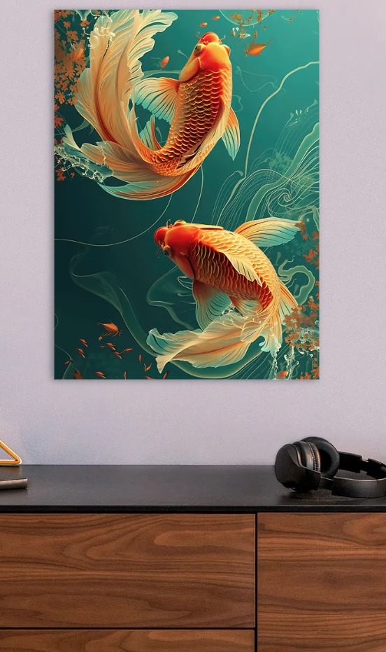 Two Koi Fish Swimming — metal poster wall art by Lineer